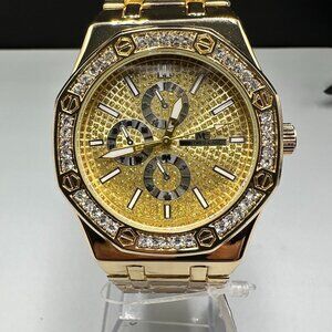 Montres Carlo Watch Men Gold Tone Crystal Bezel Blinged Dial New Battery 8.25"